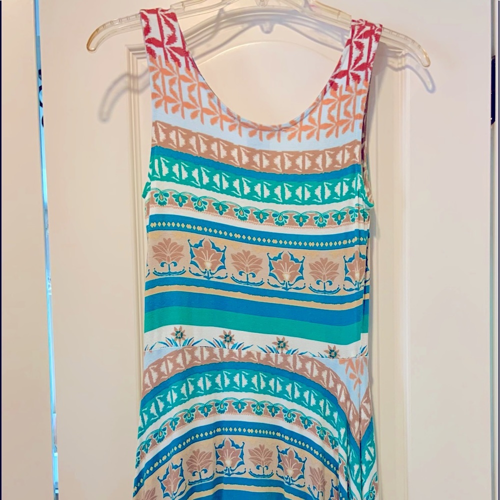 Sleeveless jersey cotton turquoise print dress - Picture 7 of 11